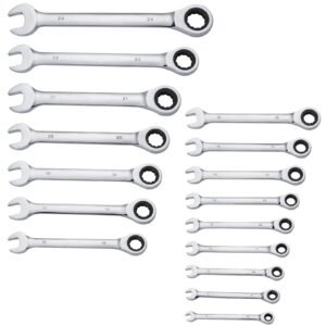 Combination Wrench Set, 16-Piece Ratcheting Wrench Set with Organizer Rack, Cr-V Steel Wrench Set Metric 8 mm to 24 mm, Ideal for General Household, Garage, Workshop, Auto Repairs, Emergency