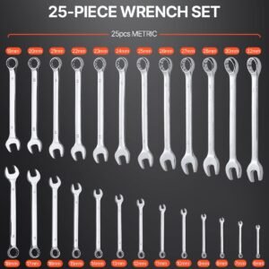 combination wrench set, 25 piece open end wrench set with roll up pouch, carbon steel wrench set metric 6 mm to 32 mm, ideal for general household, garage, workshop, auto repairs, emergency