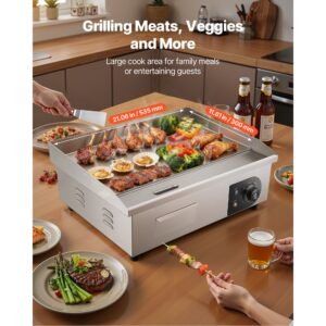commercial electric griddle, 21 x 11.8 inch, 1750w, 122 570 fahrenheit adjustable temp control, stainless steel countertop flat top grill with 2 spatulas, 2 brushes and 4 foot pads