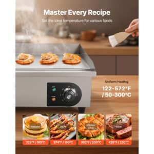 commercial electric griddle, 21 x 11.8 inch, 1750w, 122 570 fahrenheit adjustable temp control, stainless steel countertop flat top grill with 2 spatulas, 2 brushes and 4 foot pads