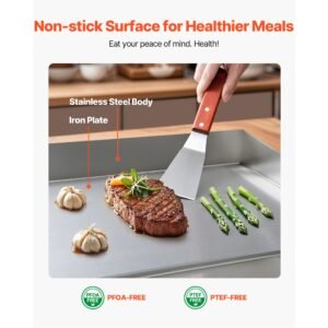 commercial electric griddle, 21 x 11.8 inch, 1750w, 122 570 fahrenheit adjustable temp control, stainless steel countertop flat top grill with 2 spatulas, 2 brushes and 4 foot pads
