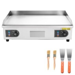 Commercial Electric Griddle, 25.79 x 15.75 inch, 2800W, 122-570 Fahrenheit Adjustable Temp Control, Stainless Steel Body, Full Flat, with 2 Spatulas, 2 Brushes, and 4 Foot Pads, for Steak