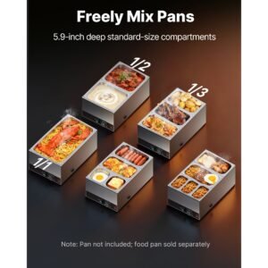Commercial Food Warmer, 1500W Electric Stainless Steel Steam Food Warmer, Fast Heating Countertop Buffet Bain Marie with Power Cord & Divider Strip, for Catering, Restaurants, Parties, Buffets