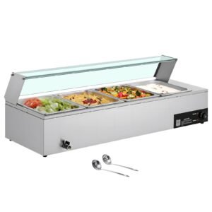 Commercial Food Warmer, 1500W Electric Stainless Steel Steam Food Warmer with Glass Cover, 4-Pan Countertop Buffet Bain Marie with Soup & Perforated Ladles, for Catering, Restaurant & Party