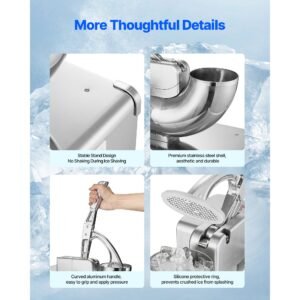commercial ice shaver machine, 661 lbs/h electric ice crusher with replaceable container, 350w premium motor, 4 blades, shaved snow cone machine ice maker for dessert shop bar party, silver