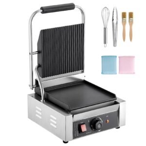 Commercial Panini Grill, 1800W Electric Sandwich Panini Maker, Stainless Steel Sandwichs Press Grill with Handle and Temp Control, 8.8x9 in Flat Enamel Plate, for Hamburger Steak Bacon