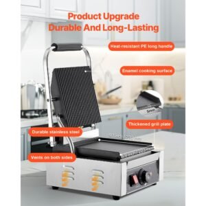 commercial panini grill, 1800w electric sandwich panini maker, stainless steel sandwichs press grill with handle and temp control, 8.8x9 in flat enamel plate, for hamburger steak bacon