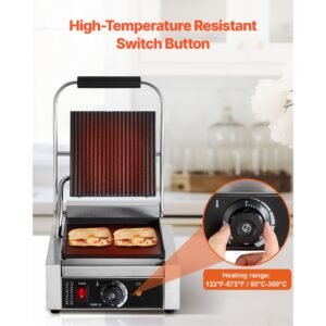 commercial panini grill, 1800w electric sandwich panini maker, stainless steel sandwichs press grill with handle and temp control, 8.8x9 in flat enamel plate, for hamburger steak bacon