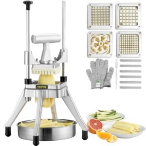 Commercial Vegetable Fruit Chopper, Stainless Steel French Fry Cutter with 4 Blades 1/4" 3/8" 1/2", 6-wedge Slicer, Chopper Dicer with Tray, Heavy Duty Cutter for Potato Tomato Onion Mushroom