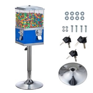 Commercial Vending Machine, Four Compartment Rotatable Gumball and Candy Dispenser, Adjustable Height Coin Operated Candy Bank with Iron Stand, for Business Toy Capsules Bouncy Balls Nut, Blue