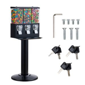 Commercial Vending Machine, Triple Compartment Candy Dispenser with Iron Stand, Gumball and Candy Machine for Business, Coin Operated Gumball Bank for Toy Capsules Bouncy Balls Candy Nut, Black