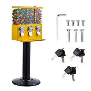 Commercial Vending Machine, Triple Compartment Candy Dispenser with Iron Stand, Gumball and Candy Machine for Business, Coin Operated Gumball Bank for Toy Capsules Bouncy Balls Candy Nut, Yellow