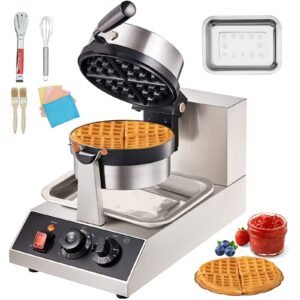 Commercial Waffle Maker, 1 Piece per Batch, 1300W Round Waffle Iron, Non-Stick Waffle Baker Machine with 122-572 F/ 50-300 C Temp Range Teflon-Coated Baking Pans Stainless Steel Body, 120V