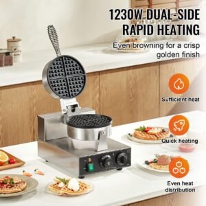 Commercial Waffle Maker, 1230W Round Waffle Baker Machine, Non-Stick Stainless Steel Belgian Waffle Iron with Temperature and Time Control, Handle, for Restaurant Bakery Snack Bar Family