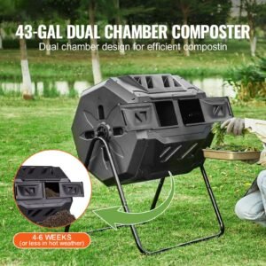 Compost Bin, 43-Gal Dual Chamber Composting Tumbler, Large Tumbling Rotating Composter with 2 Sliding Doors and Steel Frame, BPA Free Composter Bin Tumbler for Garden, Kitchen, Yard, Outdoor