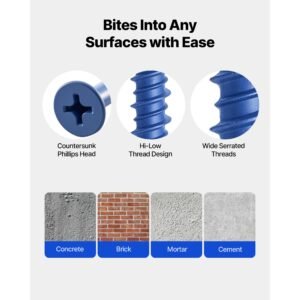 concrete screws, 3/16 inch, 100 pcs 5 different lengths, phillips head, masonry screws with drill bits, carbon steel with blue coating, for anchoring to concrete, masonry, block, brick and wood