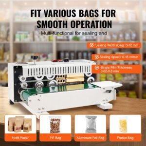 Continuous Bag Band Sealing Machine, 0.24-0.47 in/6-12 mm Seal Width, Horizontal Band Sealer Machine with Digital Temperature Control, Bag Sealer for 0.02-0.8 mm Plastic Bags with Count Function