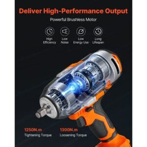 cordless impact wrench, 958.8 ft lbs / 1300 n·m high torque, 1/2 inch, 20v electric impact wrench with brushless motor, 2 x 4ah batteries, charger, 5 sockets and belt clip, for car tire truck