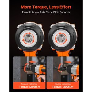 cordless impact wrench, 958.8 ft lbs / 1300 n·m high torque, 1/2 inch, 20v electric impact wrench with brushless motor, 2 x 4ah batteries, charger, 5 sockets and belt clip, for car tire truck
