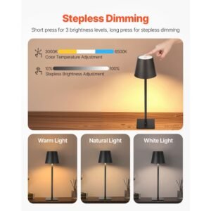Cordless Table Lamp, 2-Pack, 5200mAh Built-in Rechargeable Battery Desk Lamp, 3 Color Stepless Dimming Up, 3000-6500K Color Temperature, Table Light for Restaurant, Bedroom, Outdoor, Black