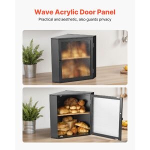 corner bread box for kitchen counter, double layer large capacity bamboo bread storage container, farmhouse wooden breadbox for homemade bread, storage holder bin with acrylic wavy door, black