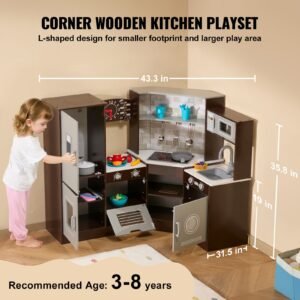 corner wooden play kitchen toy set with lights and sounds toddler kitchen with ice maker oven sink clock microwaves refrigerator and accessories for toddlers preschoolers brown 2.jpg