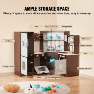 corner wooden play kitchen toy set with lights and sounds toddler kitchen with ice maker oven sink clock microwaves refrigerator and accessories for toddlers preschoolers brown 5.jpg
