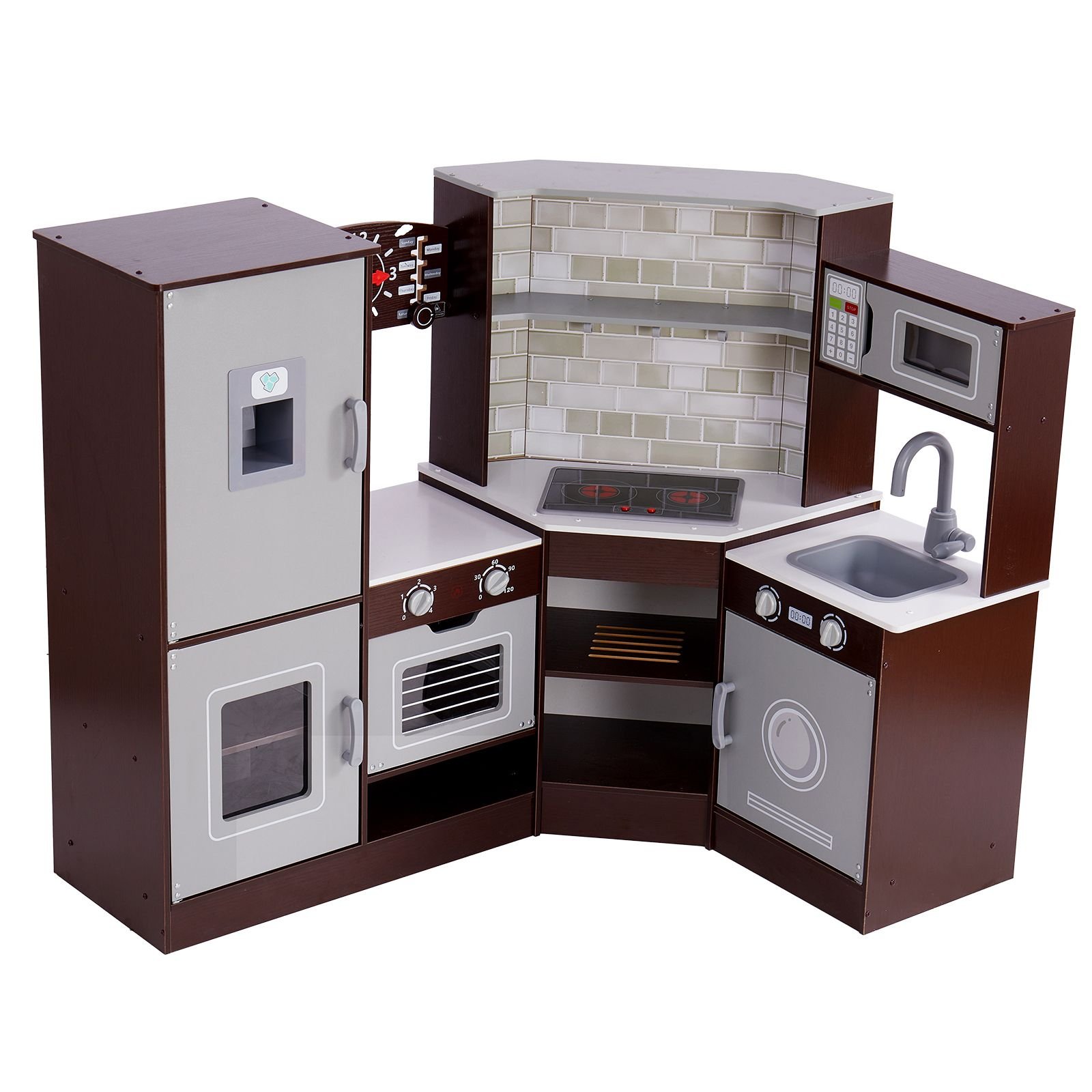 corner wooden play kitchen toy set with lights and sounds toddler kitchen with ice maker oven sink clock microwaves refrigerator and accessories for toddlers preschoolers brown.jpg