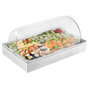 Countertop Food Serving Display Container, 1 x 1 Pan Stainless Steel Food Serving Tray, Buffet Condiment Dispenser Display Rack with Clear Lid & 3 Ice Trays, for Restaurant Hotel Kitchen Party