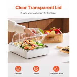 Countertop Food Serving Display Container, 1 x 1/2 Pan Stainless Steel Food Serving Tray, Buffet Condiment Dispenser Display Rack with Clear Lid & Ice Tray, for Restaurant Hotel Kitchen Party
