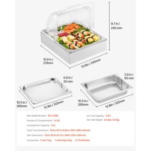 countertop food serving display container, 1 x 1/2 pan stainless steel food serving tray, buffet condiment dispenser display rack with clear lid & ice tray, for restaurant hotel kitchen party