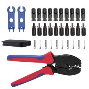 Crimping Tool, 14-10 AWG Ratcheting Solar Connector Crimper Tool Kit, Clear Metric & AWG Markings, with 10 Pairs Solar Connectors, 10 Pairs of Cable Connectors, Wrenches, and a Storage Case