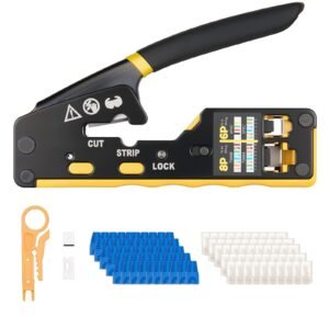 Crimping Tool, RJ45/RJ11/RJ12 Ethernet Crimper, Crimp Tool Kit for 4/6/8-Pin Modular Plugs, with Mini Wire Stripper, 50 Connectors and 50 Boots, Replacement Blades, and Network Cable Tester