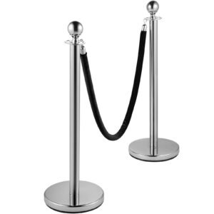 Crowd Control Stanchion, Set of 2 Pieces Stanchion, Stanchion Set with 5 ft/1.5 m Black Velvet Rope, Silver Crowd Control Barrier with Sturdy Concrete and Metal Base – Easy Connect Assembly