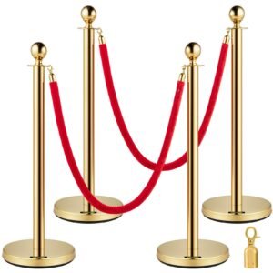 Crowd Control Stanchion, Set of 4 Pieces Stanchion Set, Stanchion Set with 5 ft/1.5 m Red Velvet Rope, Crowd Control Barrier