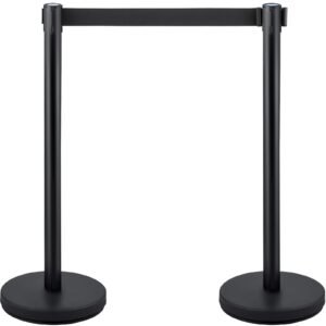 Crowd Control Stanchion, Set of 4 Pieces Stanchion Set, Stanchion Set with 6.6 ft/2 m Black Retractable Belt, Black Crowd Control Barrier with Concrete and Metal Base – Easy Connect Assembly