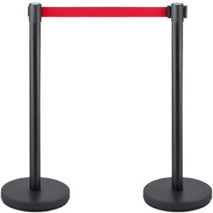 Crowd Control Stanchion, Set of 6 Pieces Stanchion Set, Stanchion Set with 6.6 ft/2 m Red Retractable Belt, Crowd Control Barrier with Rubber Base – Easy Connect Assembly for Crowd Control (Blac