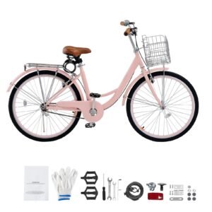 Cruiser Bike, 1-Speed, 26-Inch Pink Beach Cruiser Bike with Large Capacity Basket and Rear Rack, Secure & Sturdy Cruiser Bike with Adjustable Seat, Fits for Cycling, Exercise & Shopping