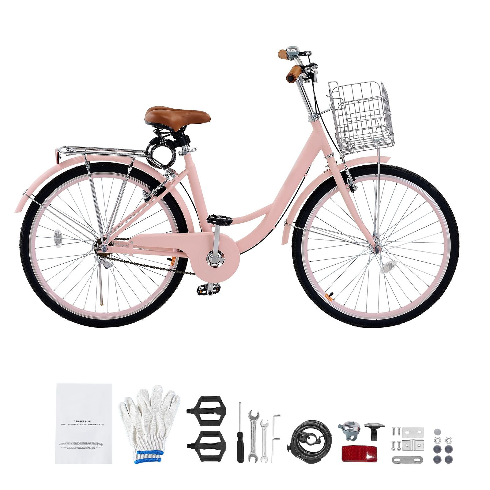 cruiser bike, 1 speed, 26 inch pink beach cruiser bike with large capacity basket and rear rack, secure & sturdy cruiser bike with adjustable seat, fits for cycling, exercise & shopping