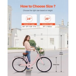 cruiser bike, 1 speed, 26 inch pink beach cruiser bike with large capacity basket and rear rack, secure & sturdy cruiser bike with adjustable seat, fits for cycling, exercise & shopping