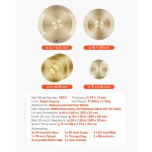 cymbal pack 4 pieces cymbals for drum set alloy cymbals drum set includes 14 inch hi hats 16 inch crash 20 inch ride 10 inch splash drumsticks cymbal bag alloy cymbal pack for drummer 4.jpg