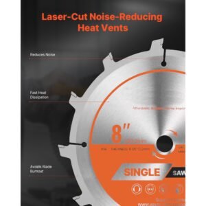 dado blade set, 8 inch diameter, 12 sharp alloy teeth, 5/8 inch arbor, fine finish, stacking dado blades with chippers and shims, noise reducing heat vents, for cutting plywood, osb, hardwood