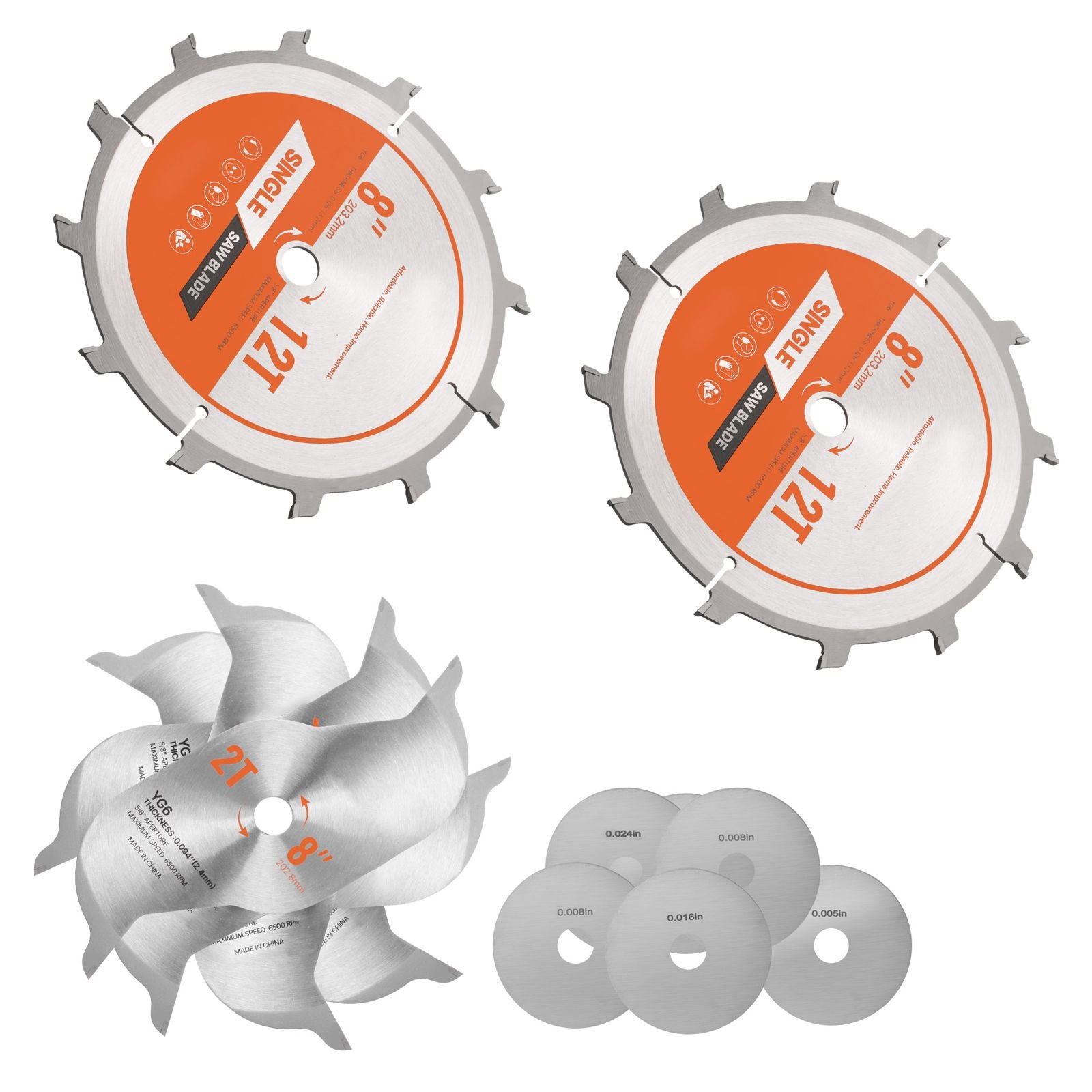 dado blade set, 8 inch diameter, 12 sharp alloy teeth, 5/8 inch arbor, fine finish, stacking dado blades with chippers and shims, noise reducing heat vents, for cutting plywood, osb, hardwood