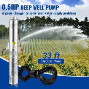Deep Well Submersible Pump, 0.5HP 115V/60Hz, 28gpm Flow 167ft Head, with 33ft Electric Cord, 4" Stainless Steel Water Pumps for Industrial, Irrigation&Home Use, IP68 Waterproof Grade