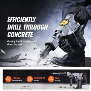 Demolition Jack Hammer, 1400W Electric Jackhammer Heavy Duty, 2pcs Chisels Bits Chipping with Case, 2900 BPM Concrete Breaker, Gloves Black