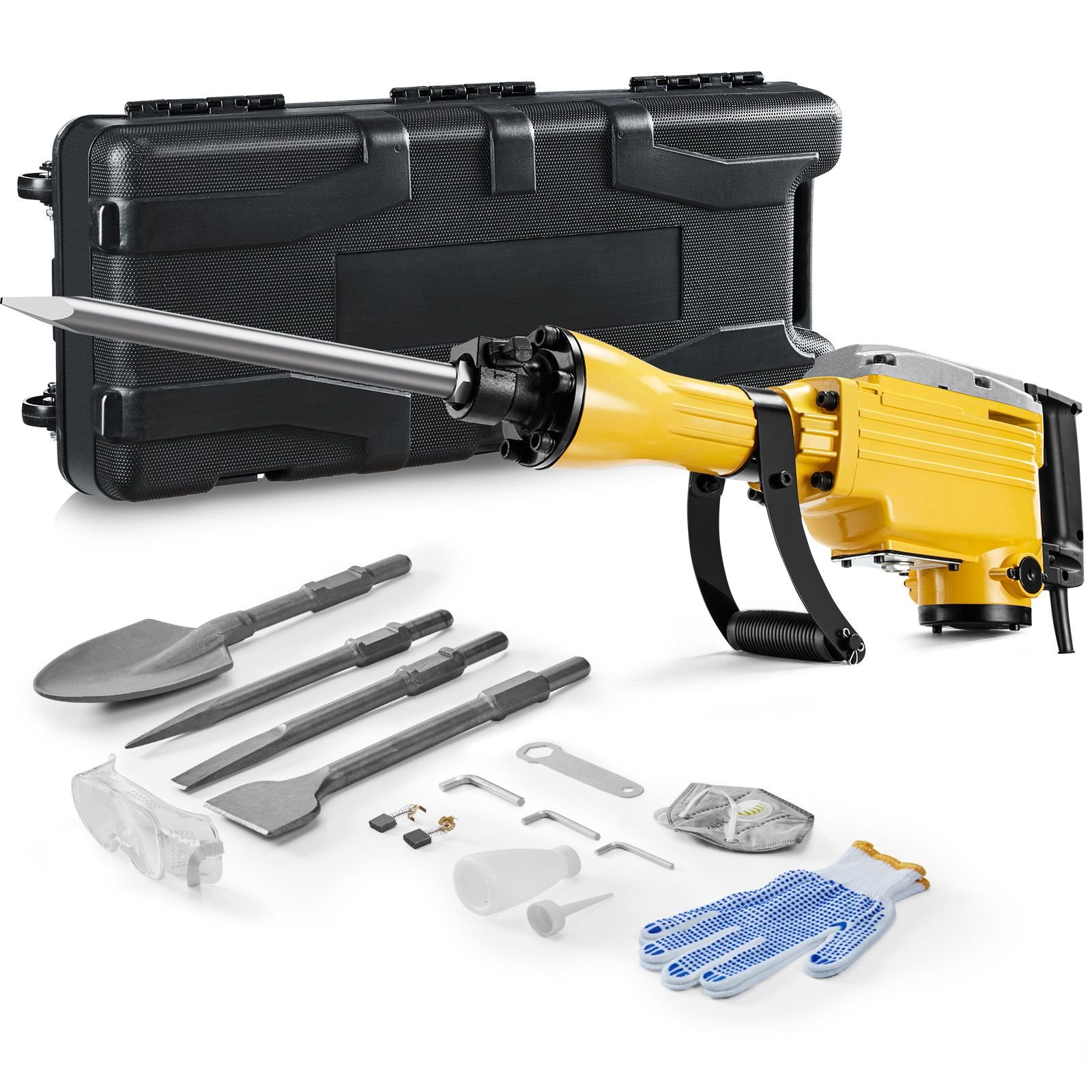 demolition jack hammer, 2200w 1350 bpm jack hammer concrete breaker, heavy duty electric jack hammer 4pcs chisels bit with gloves, 360° swiveling front handle for trenching and breaking holes