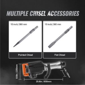 Demolition Jack Hammer, 2200W Electric Jackhammer Heavy Duty, 1350 BPM Concrete Breaker, 2pcs Chisels Bit Chipping with Case, Black