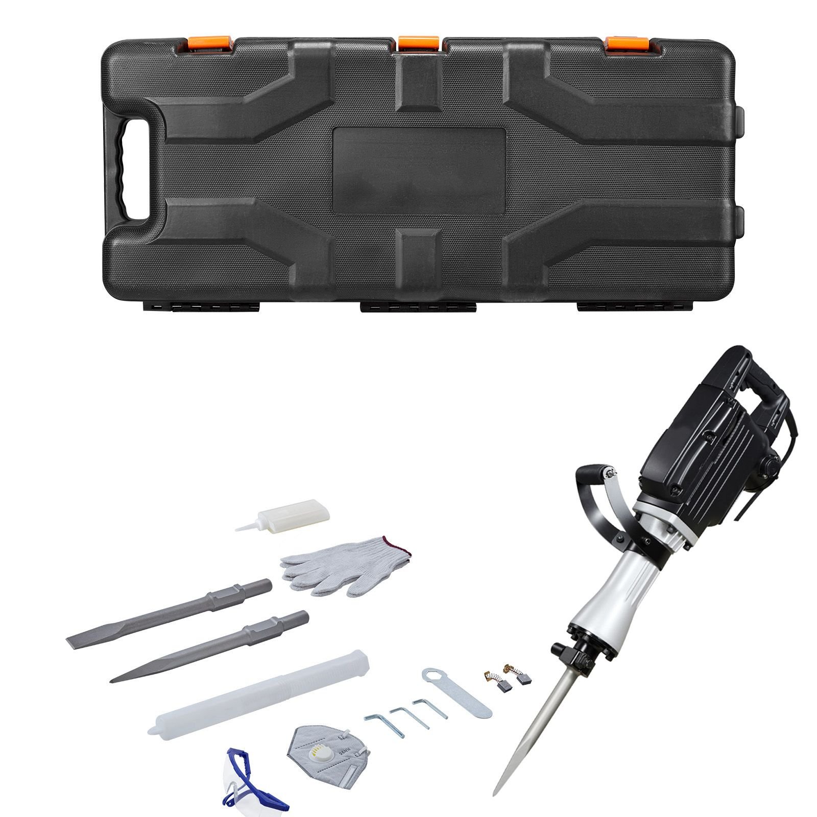 demolition jack hammer, 2800 w powerful electric jackhammer, 1200 bpm concrete breaker with a point chisel, a flat chisel, carrying case, gloves, for concrete, wall, brick, tile and foundation