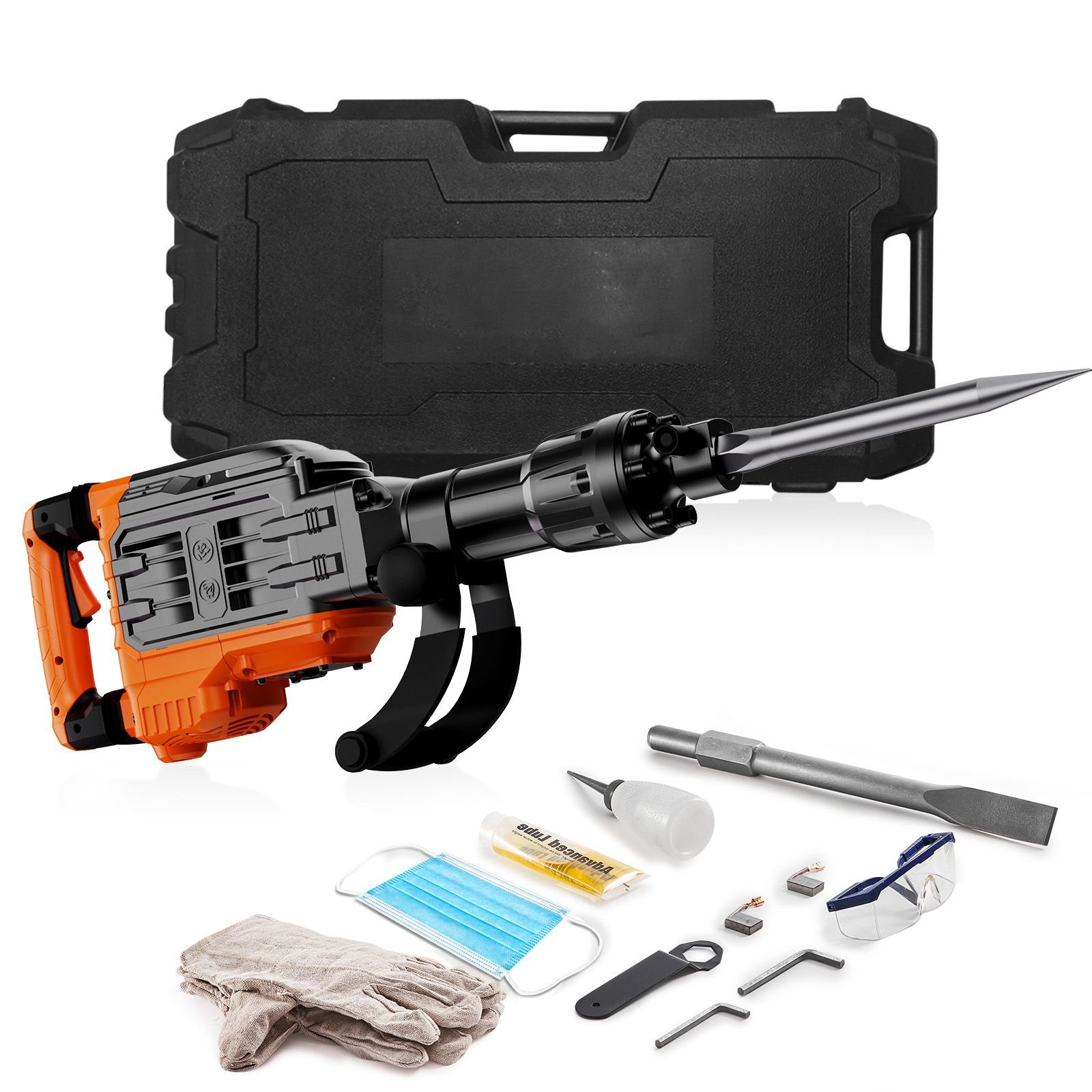 demolition jack hammer, 3500w jack hammer concrete breaker, 2pcs chisel with gloves & 360 celsius swiveling front handle for trenching, 1900 bpm heavy duty electric jack hammer, black