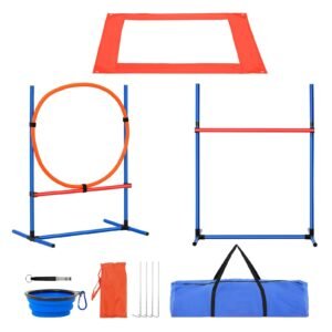 Dog Agility Training Equipment, 4 PCS Set with Adjustable High Hurdles,6 Weave Poles,Jump Ring,Square Pause Box,Whistle,Foldable Bowl, Puppy Obstacle Course Kit for Backyard, Indoor, Outdoor